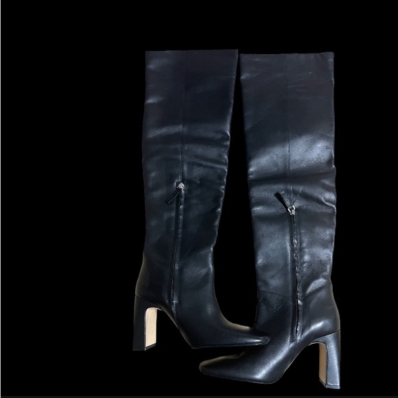 ZARA BLACK LEATHER OVER THE KNEE BOOTS ZIP & BLOCK HEEL Size US-7 / EU 37 - Picture 14 of 16